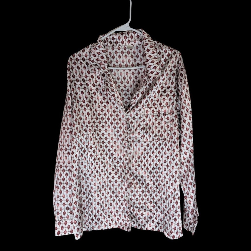 Cato Blouse Womens 18/20W Red Gold‎ Geometric Silky Satin Long Sleeve Button Up